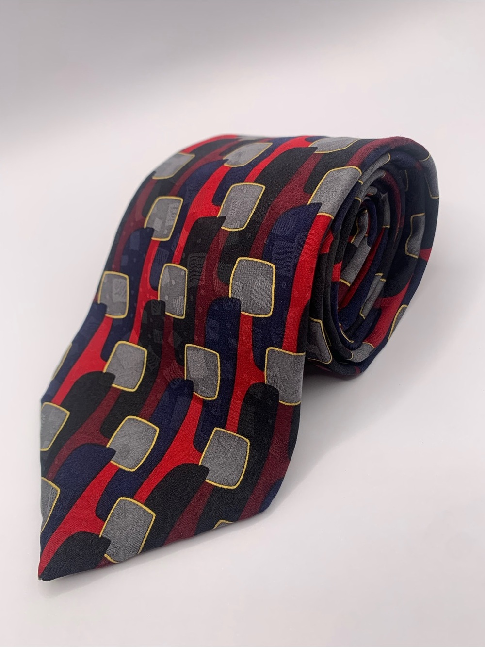 Men's Red Patterned Tie with Navy & Gray Accents